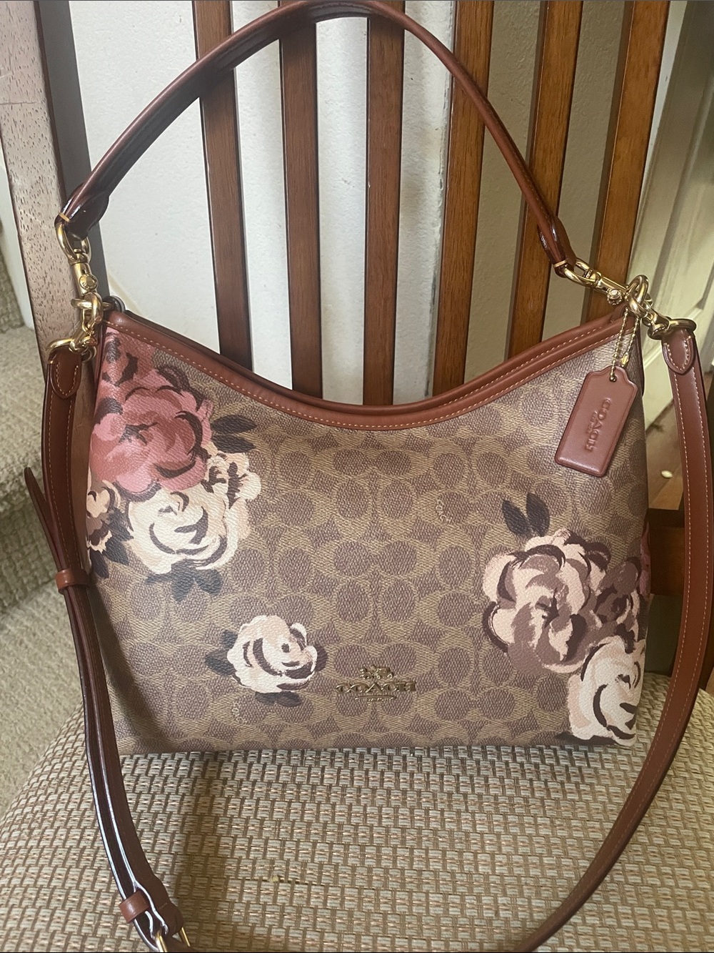Coach Floral Signature Lauren Shoulder Bag in Brown and Pink
